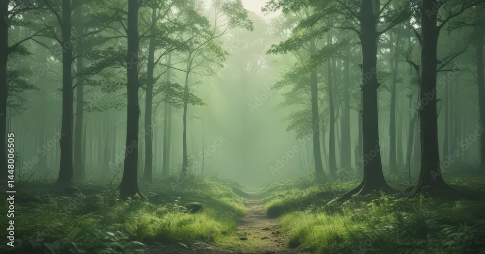 Obraz premium Abstract green, unfocused, hazy forest scene Depth of field effect , abstract, dreamy