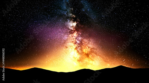 Milky Way galaxy over dark mountain range at night; astronomy, space, travel, nature background
