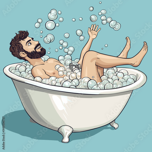Cartoon style of a man enjoying a bubbly bath.