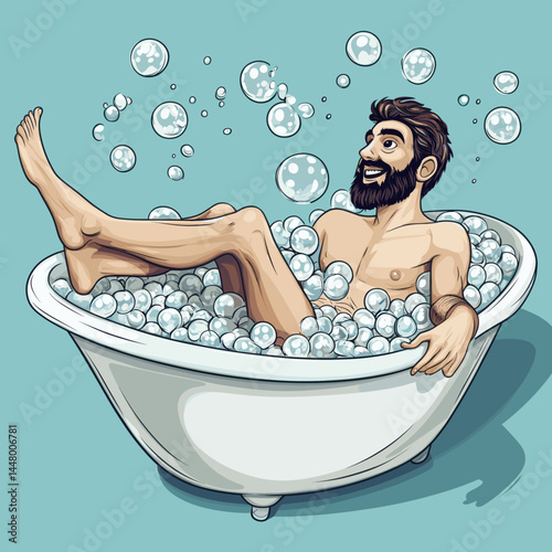 Cartoon style of a man enjoying a bubbly bath.