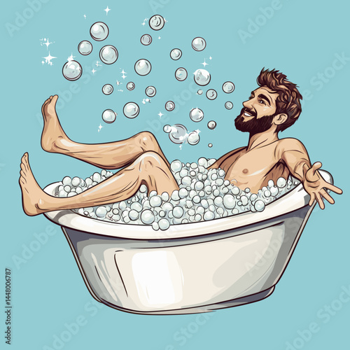 Cartoon style of a man enjoying a bubbly bath.