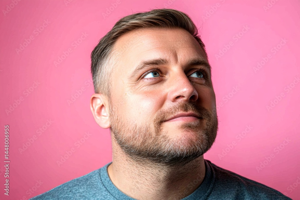 A peaceful and radiant male in a confident pose. Pink solid background. Chic men's crew cut haircut - midlife white man with blond hair. Drawing of style for aging men.