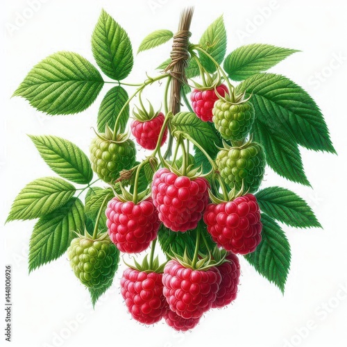 Roseberry fruit Tree Branch with Ripe Fruits and Leaves Isolated on a White Background