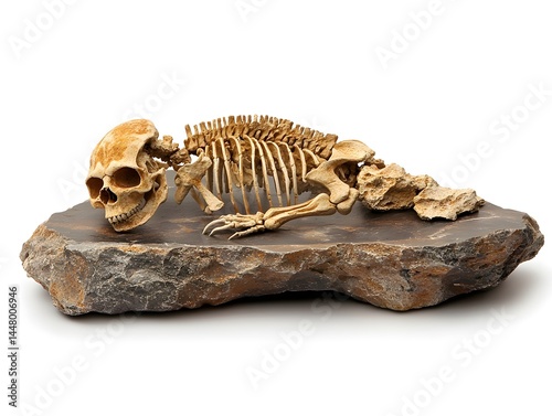 A detailed replica of an ancient hominid skeleton rests on a dark stone base against a pure white background.