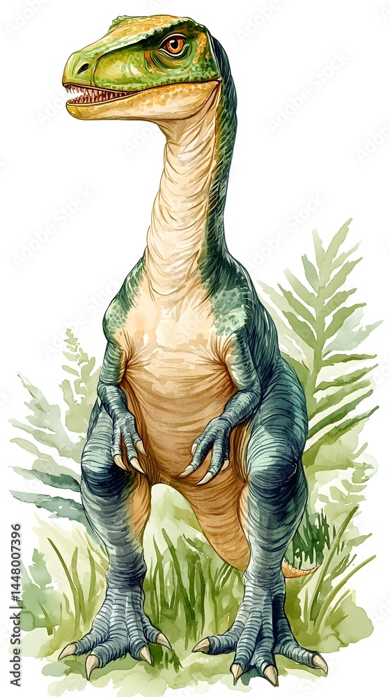Fototapeta premium A detailed illustration depicts a vibrant green and beige theropod dinosaur standing amidst lush prehistoric ferns and grass.