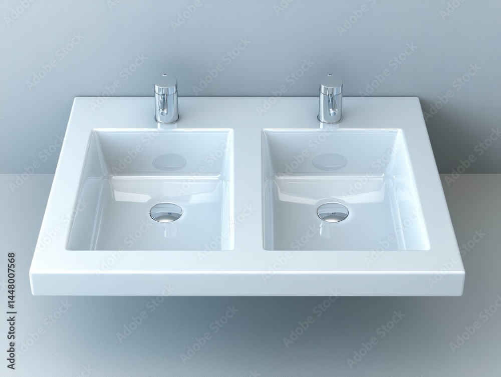 Clean double sink with chrome faucets in a modern bathroom design showcasing minimalist style and bright light reflecting the pristine hygiene of the space Clean double sink with chrome faucets in a modern bathroom design showcasing minimalist style and bright light reflecting the pristine hygiene of the space