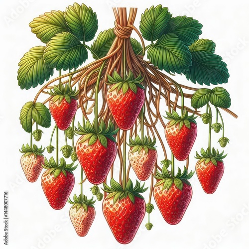 Strawberry Plant with Ripe Red Fruits and Green Leaves Isolated on White Background