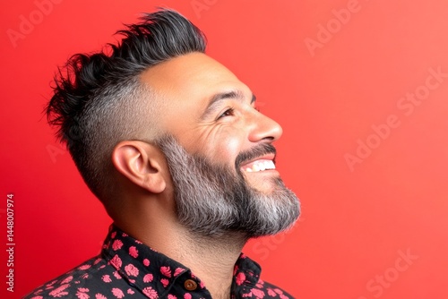 Obraz na płótnie A vibrant male with a lively and glowing personality. Classy men's colored spike haircut - midlife white man with black hair. Red solid background. Idea of style for aging men. w salonie