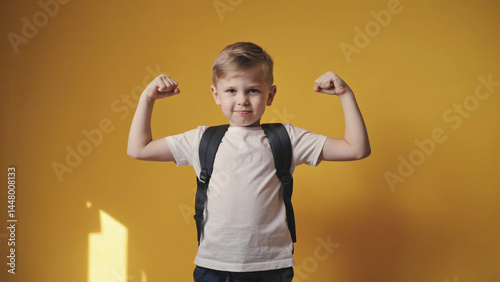 A young boy standing strong with a backpack on his back, showcasing his toned physique
