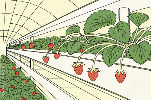 10 Sunlit greenhouse, Ripe strawberries hanging, Hydroponic gardening, Lush green leaves, Vertical farming, Sunbeams through plastic sheeting, Fresh produce, Vibrant red berries, Modern agriculture, C