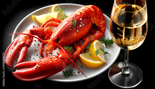 lobster on a white plate with glass of white wine