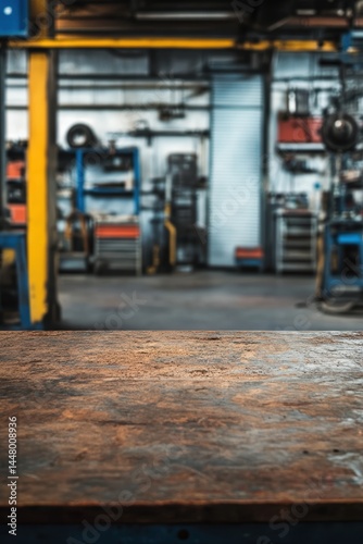 Rustic wooden workbench surface against a blurred automotive repair shop interior background showcasing tools and equipment in a workshop environment
