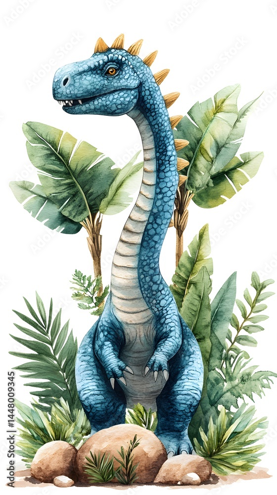 Obraz premium An adorable blue dinosaur stands proudly amidst lush tropical plants and rocks in a charming watercolor illustration.