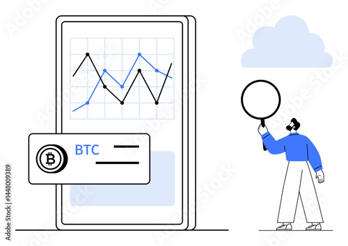 Smartphone showing Bitcoin price trends with graph and BTC label. Person holding a magnifying glass in investigation. Ideal for cryptocurrency, analytics, finance, mobile apps, blockchain, education