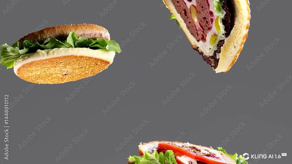 Gourmet burger with lettuce and tomato as flying ingredients assembling in air
