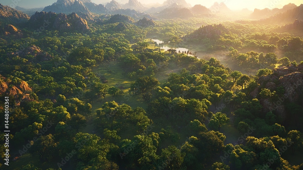 Fototapeta premium Aerial forest view, realistic, cinematic light, sharp focus.