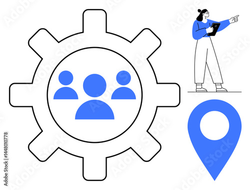 Gear with team icons, large location pin, and woman pointing while holding a tablet. Ideal for teamwork, collaboration, project management, networking, user interface, navigation simple landing page