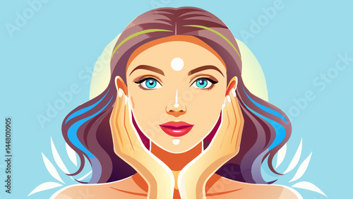 Close-up of smooth skin and calm expression.
Soft, nude makeup blends seamlessly with her tone.
Simplicity meets elegance in every detail.
Perfect for modern beauty vector illustration.

