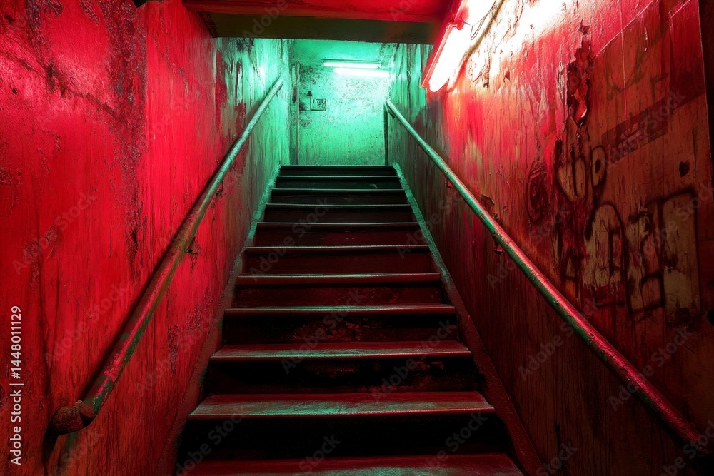 Endless stairs - nightmares, bad dreams: abstract image of physical state. Scary dream. Spooky dreams. Eerie atmosphere. Metaphorical endless stairs feelings of fear and despair. Sleep anxi.