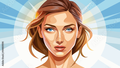 Close-up of smooth skin and calm expression.
Soft, nude makeup blends seamlessly with her tone.
Simplicity meets elegance in every detail.
Perfect for modern beauty vector illustration.

