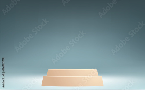 two-tiered podium against a soft, light blue background. The podium is positioned in the lower portion of the frame, providing a clear space above it. The minimalist design and neutral colors create 