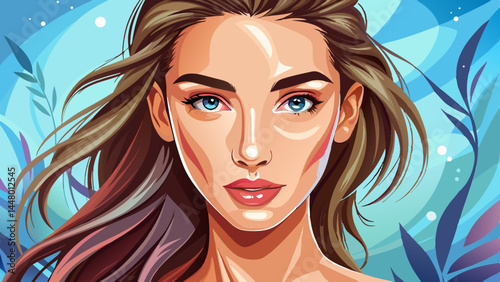 Close-up of smooth skin and calm expression.
Soft, nude makeup blends seamlessly with her tone.
Simplicity meets elegance in every detail.
Perfect for modern beauty vector illustration.

