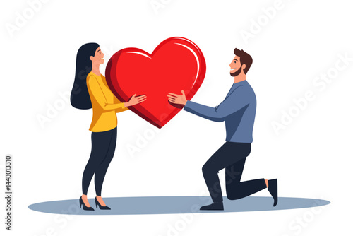 A man is kneeling on one knee, holding out his hand to give the woman big heart