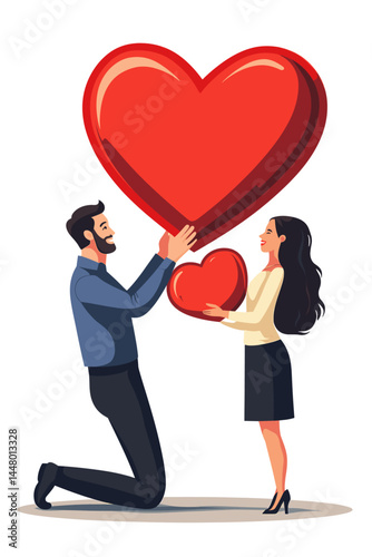 A man is kneeling on one knee, holding out his hand to give the woman big heart