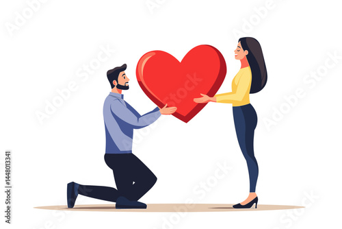 A man is kneeling on one knee, holding out his hand to give the woman big heart