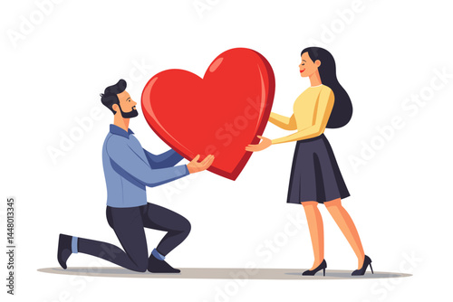 A man is kneeling on one knee, holding out his hand to give the woman big heart