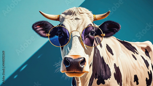 A close-up shot of a cow wearing trendy sunglasses