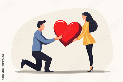 A man is kneeling on one knee, holding out his hand to give the woman big heart