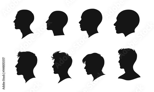 Male head silhouette set, profile icons of men with various hairstyles, vector black illustration, male profile, head silhouette, man icon, human head