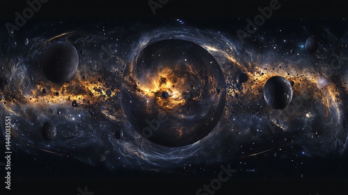 Breathtaking 360-degree equirectangular projection of deep space featuring a glowing nebula with scattered stars and cosmic dust.
