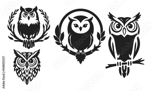 Owl logo set. Detailed drawing, strict look, symbol of wisdom, intelligence, protection, suitable for branding and design. Owl logo, tribal owl, vector owl, owl emblem