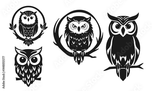 Owl logo set. Detailed drawing, strict look, symbol of wisdom, intelligence, protection, suitable for branding and design. Owl logo, tribal owl, vector owl, owl emblem