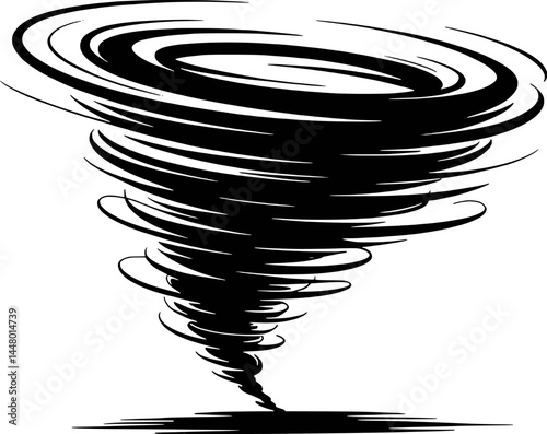 Black and white illustration of a destructive tornado storm against a white background