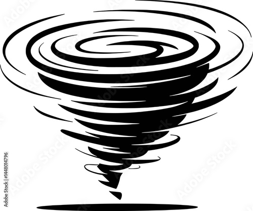 A simple black and white illustration of a powerful tornado in the sky