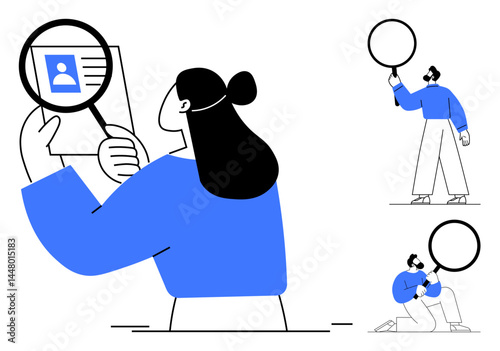 Woman views document closely with magnifying glass, while two others use different methods to investigate. Ideal for research, inspection, evaluation, discovery, learning, analysis, simple landing