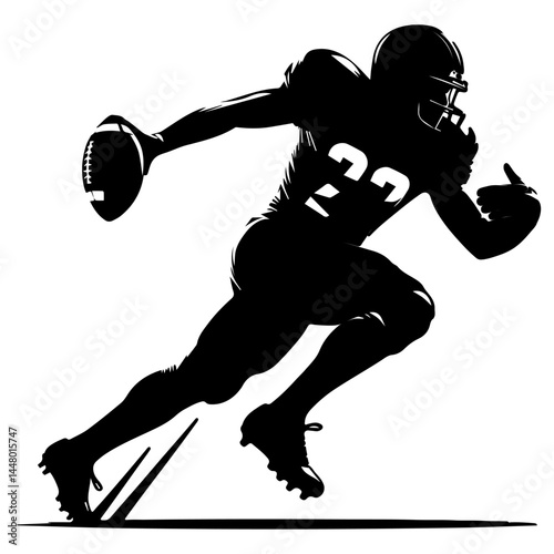 A black and white silhouette of an American football player running with a ball on a white isolated background. Vector graphics. EPS.