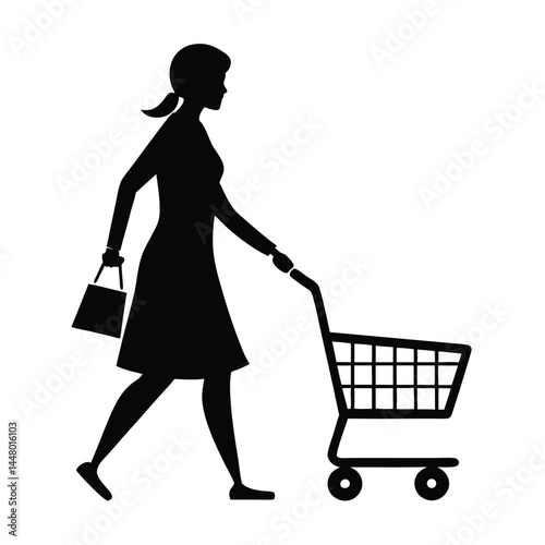 Silhouette of a woman walking while pushing a shopping cart. She is wearing a fitted dress and carrying a shopping bag in one hand. The background is plain white, emphasizing the figure and cart.