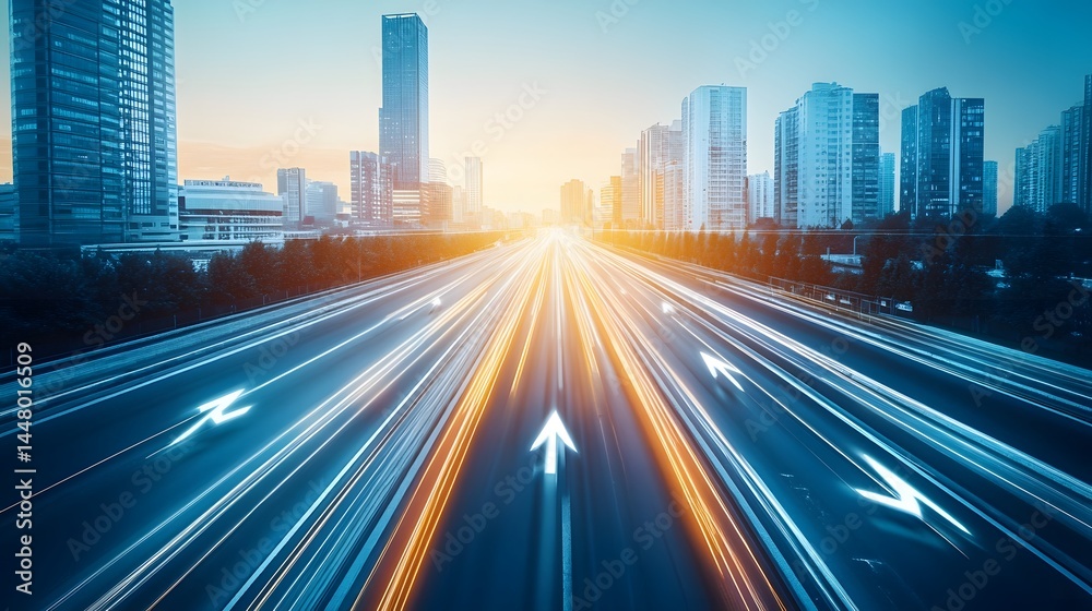 Fototapeta premium 66. A futuristic cityscape with digital road arrows