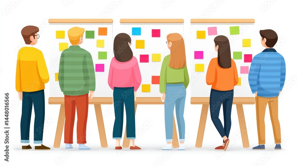 Obraz premium A group of people stands in front of boards covered with colorful sticky notes, collaborating and brainstorming ideas together.