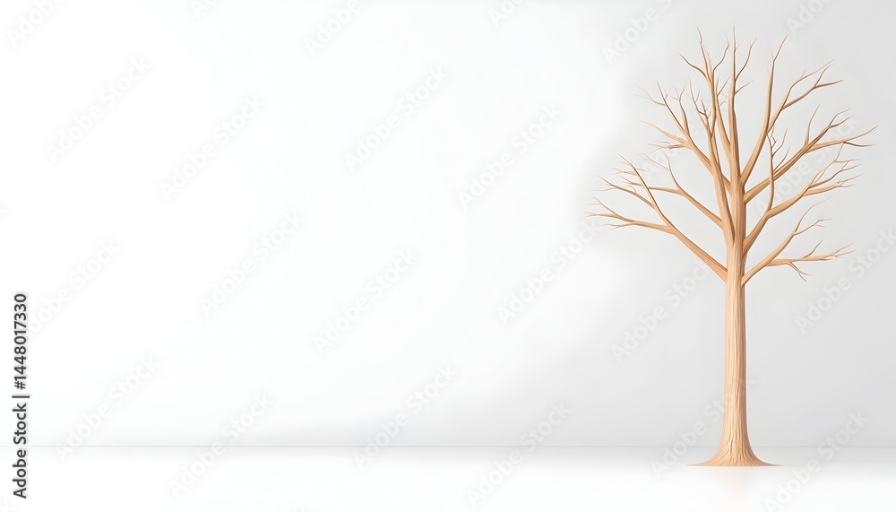 Obraz premium A minimalist depiction of a bare, light-brown tree standing against a stark white background, casting a shadow