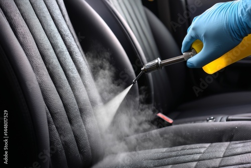 Steam and cleaning solution are applied to the car's upholstery, focusing on deep cleaning and sanitizing the fabric interior Generative AI