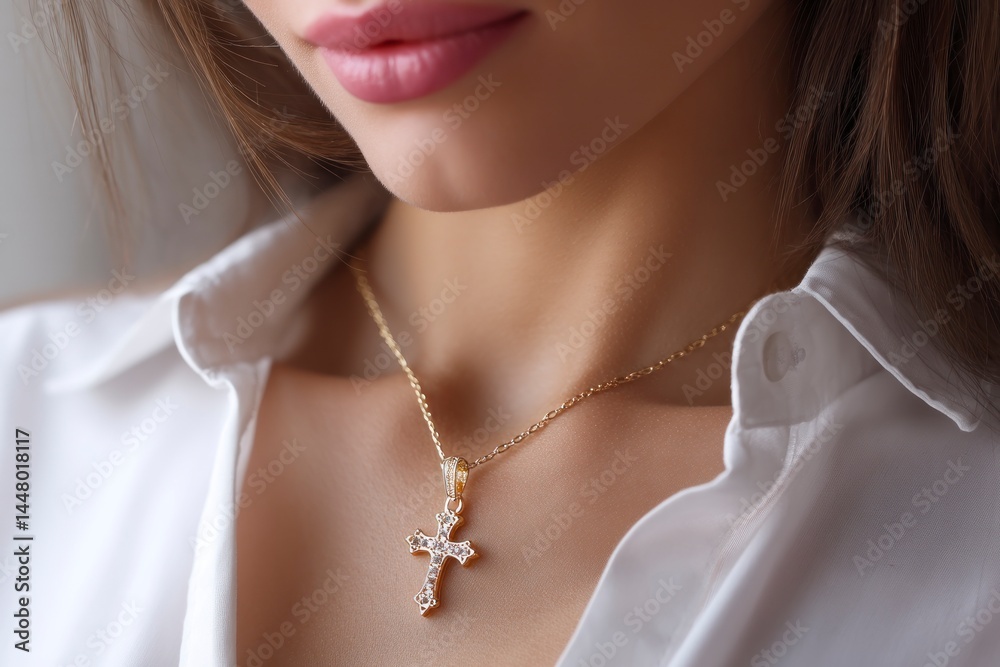 Woman Wearing Gold Chain with Cross Pendant Necklace for Fashion