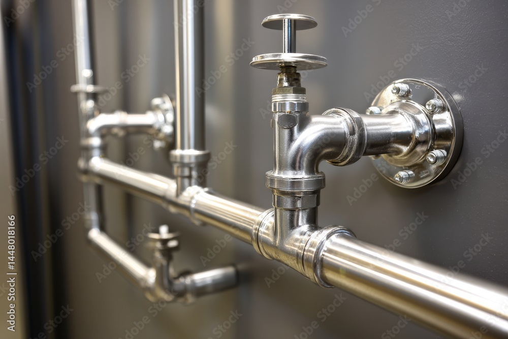 Close-up view of a metal piping system featuring several valves and fittings used for controlling fluid flow in an industrial environment Generative AI Close-up view of a metal piping system featuring several valves and fittings used for controlling fluid flow in an industrial environment Generative AI