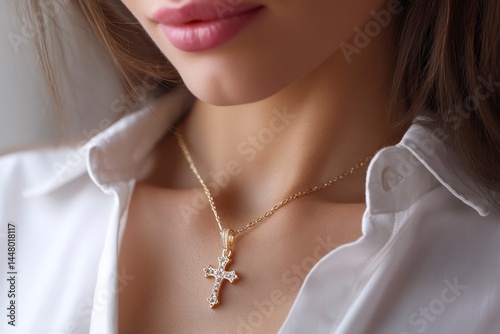 Woman Wearing Gold Chain with Cross Pendant Necklace for Fashion