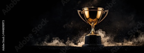 Golden champion cup with flames and falling confetti on dark background, symbolizing victory and celebration