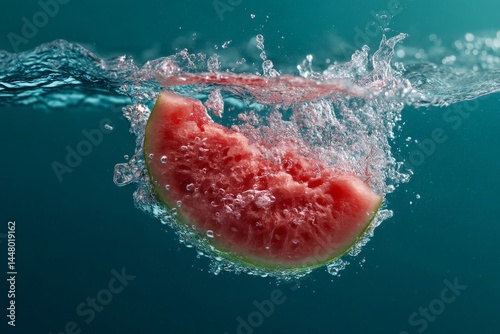 A vibrant watermelon slice plunges into clear water, creating a dramatic, wet splash.